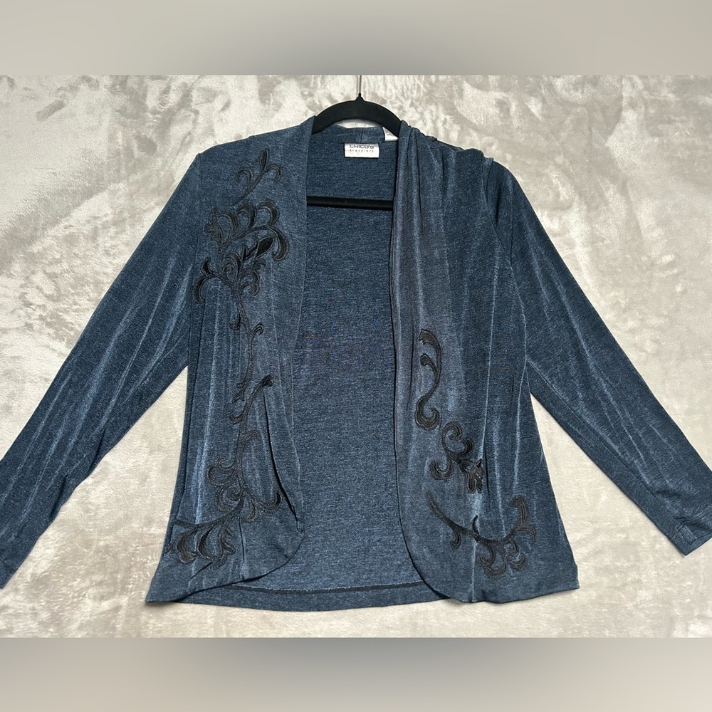 Chicos Travelers Open Front Cardigan Women’s Small 0 Navy Blue Slinky